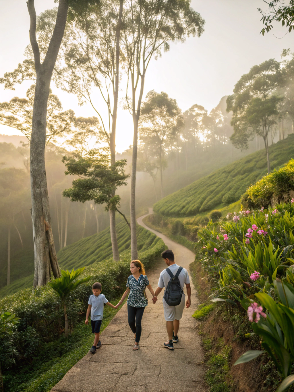 A family holding hands enjoying a peaceful mountain landscape travel view