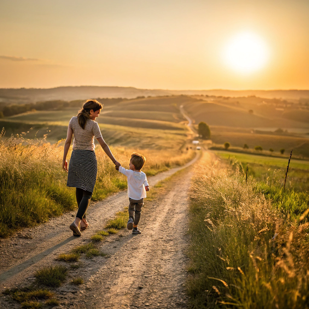 Mother and toddler walking along peaceful seaside trail