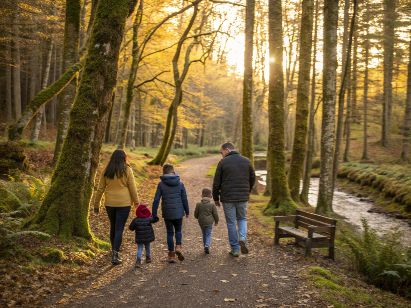 Calm family walking together along a coastal scenic pathway during travel