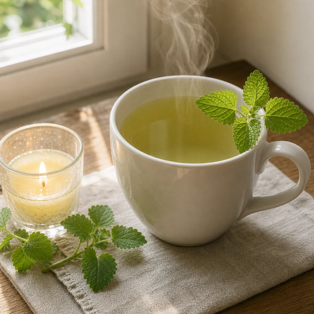 Morning tea and mindful wellness journal on wooden table