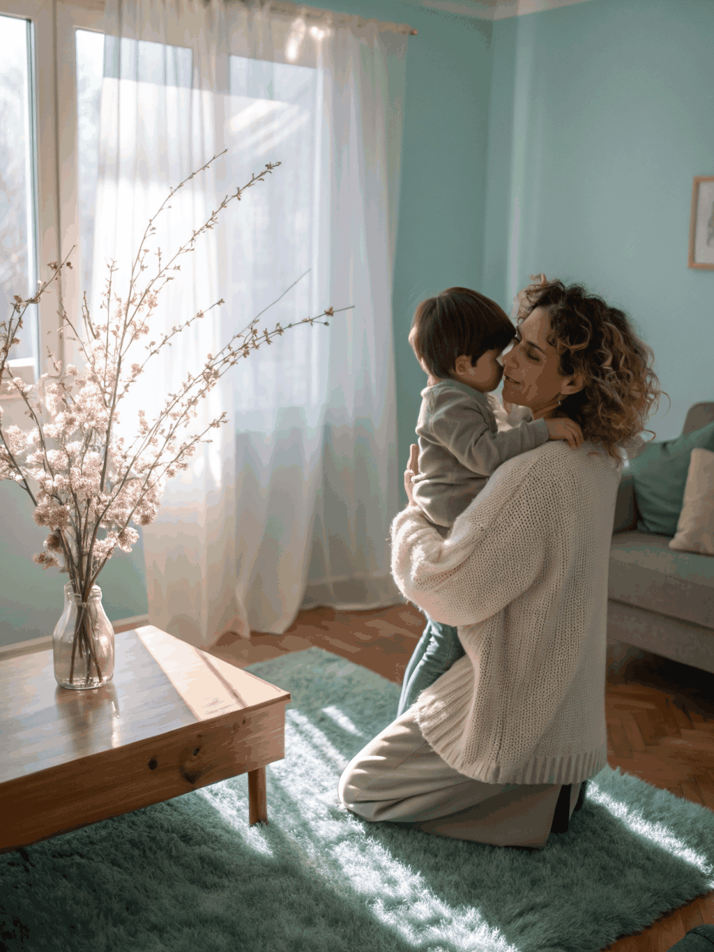 Mother sharing a calm and joyful moment with her young child at home