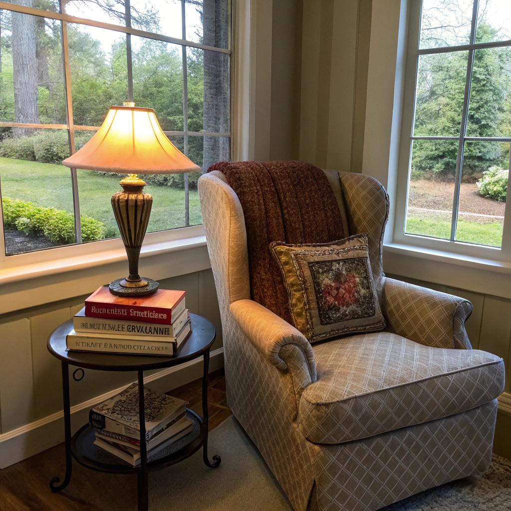 Cozy reading nook with lifestyle books and linen blanket