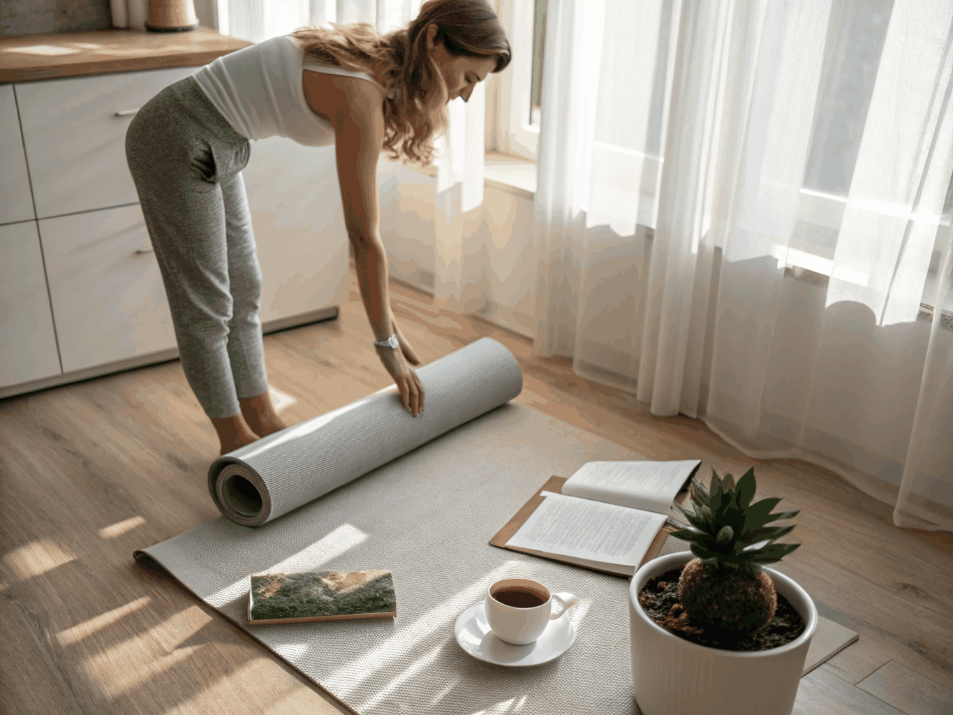 Peaceful morning movement and wellness space with yoga mat and soft natural light