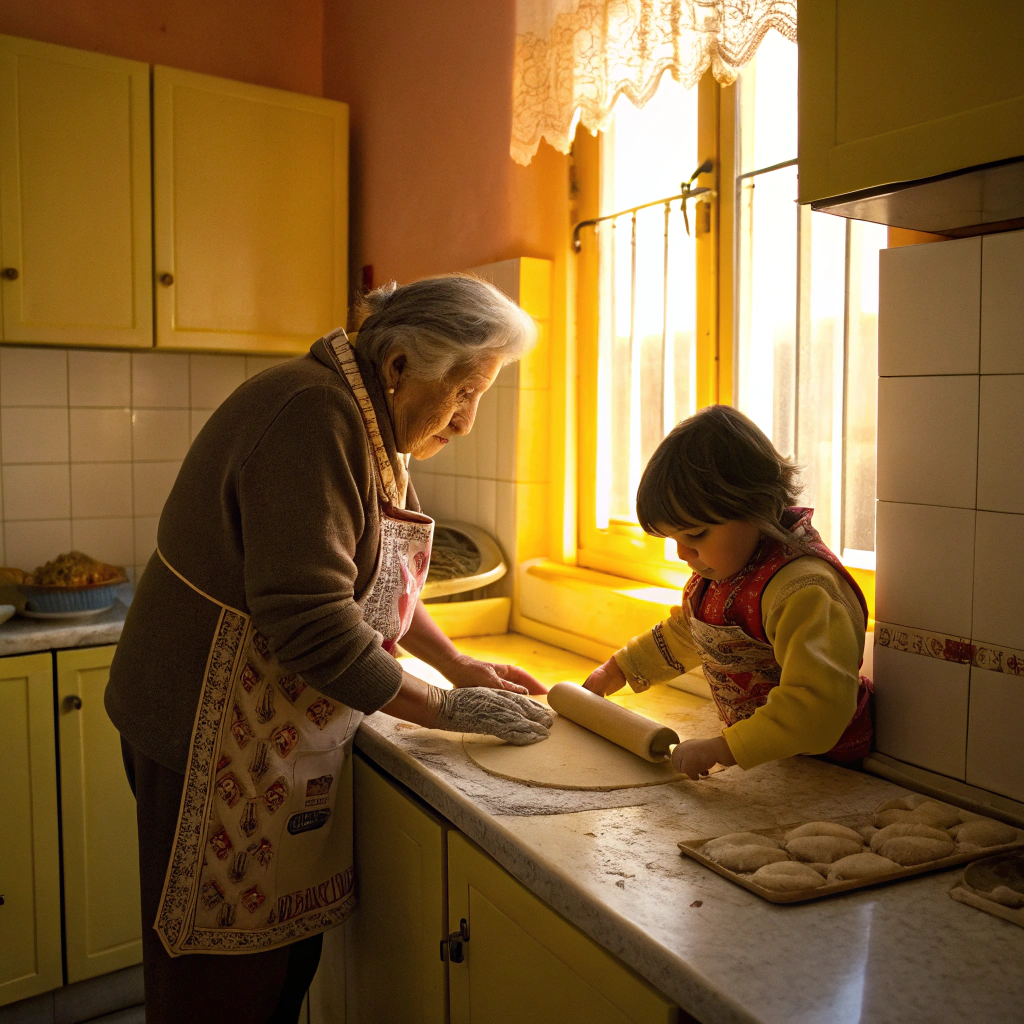 Mother and toddler baking sourdough bread together in a sunlit kitchen