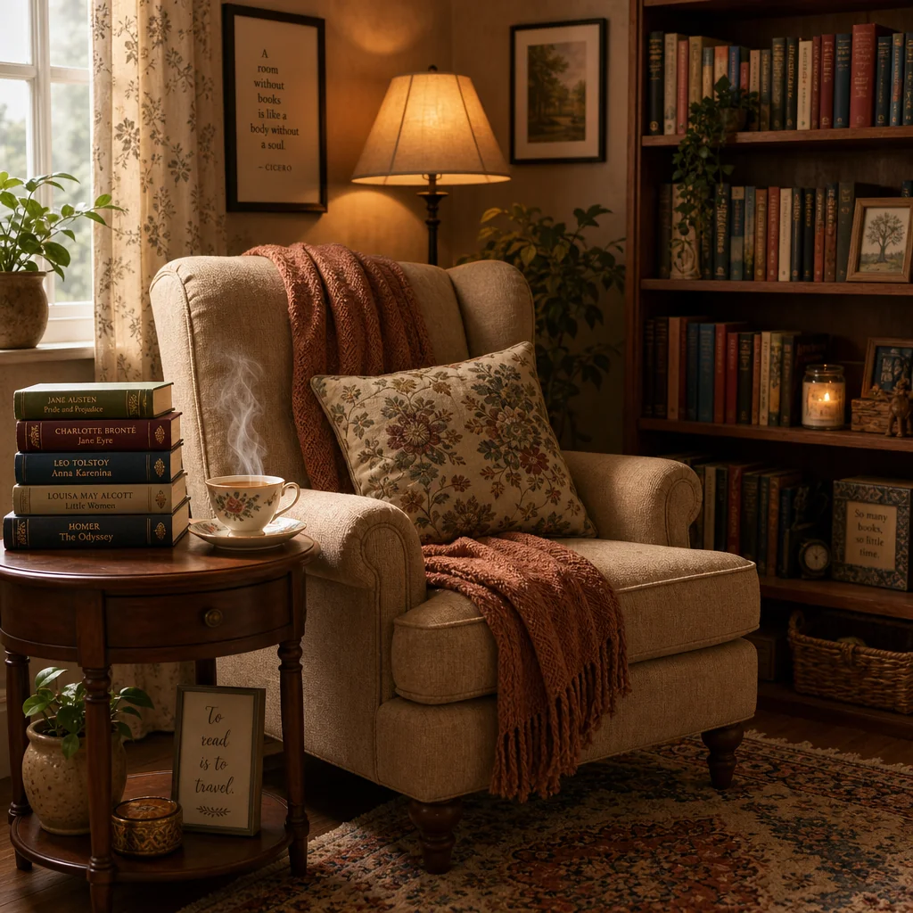 Cozy reading corner with warm throws and picture books