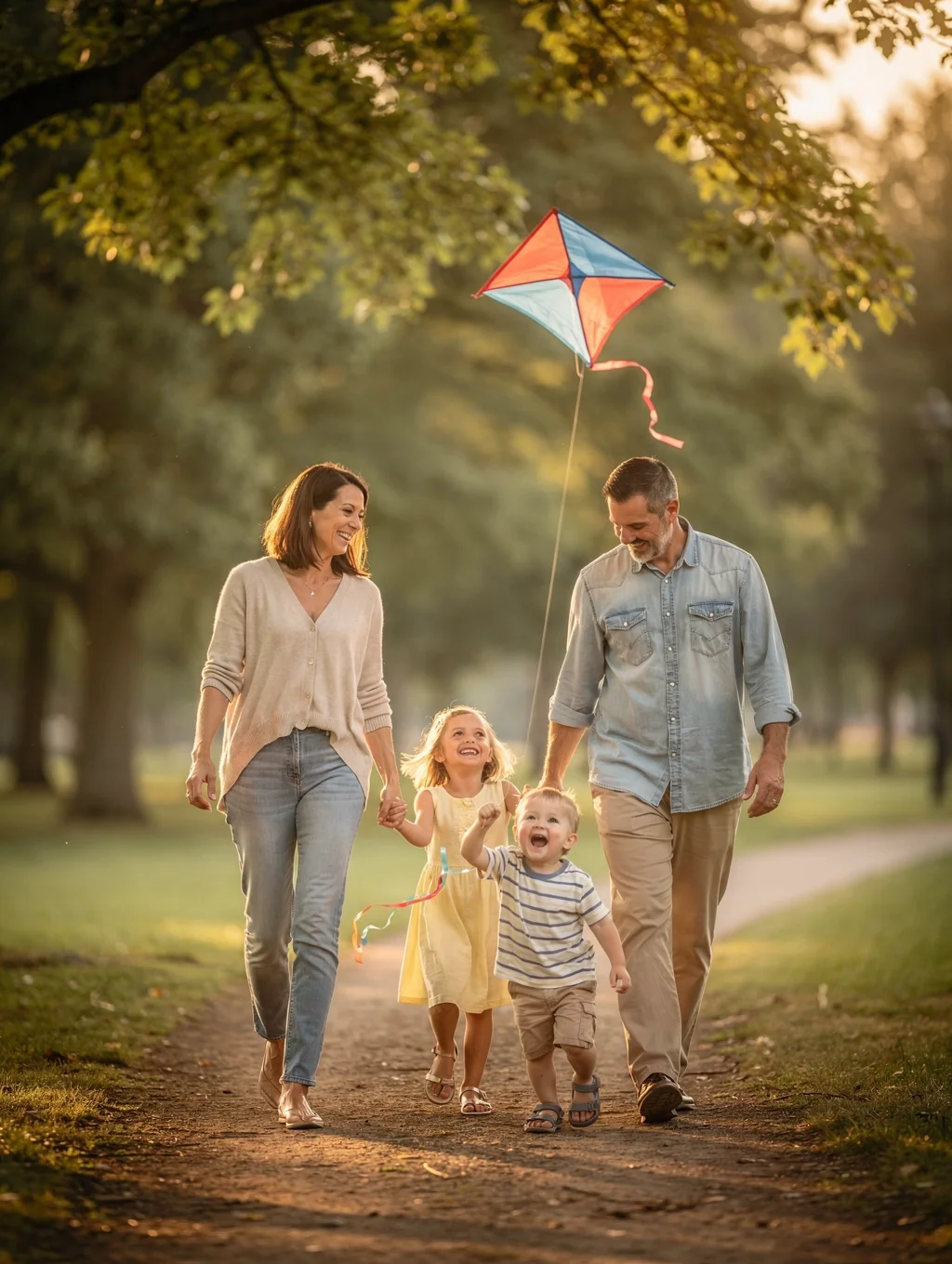 Family walking along a serene coastal shoreline with soft green cliffs