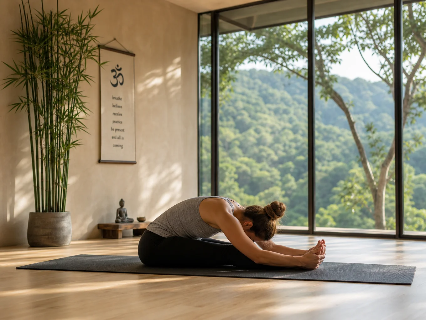 Morning yoga and mindful movement routine in a bright room